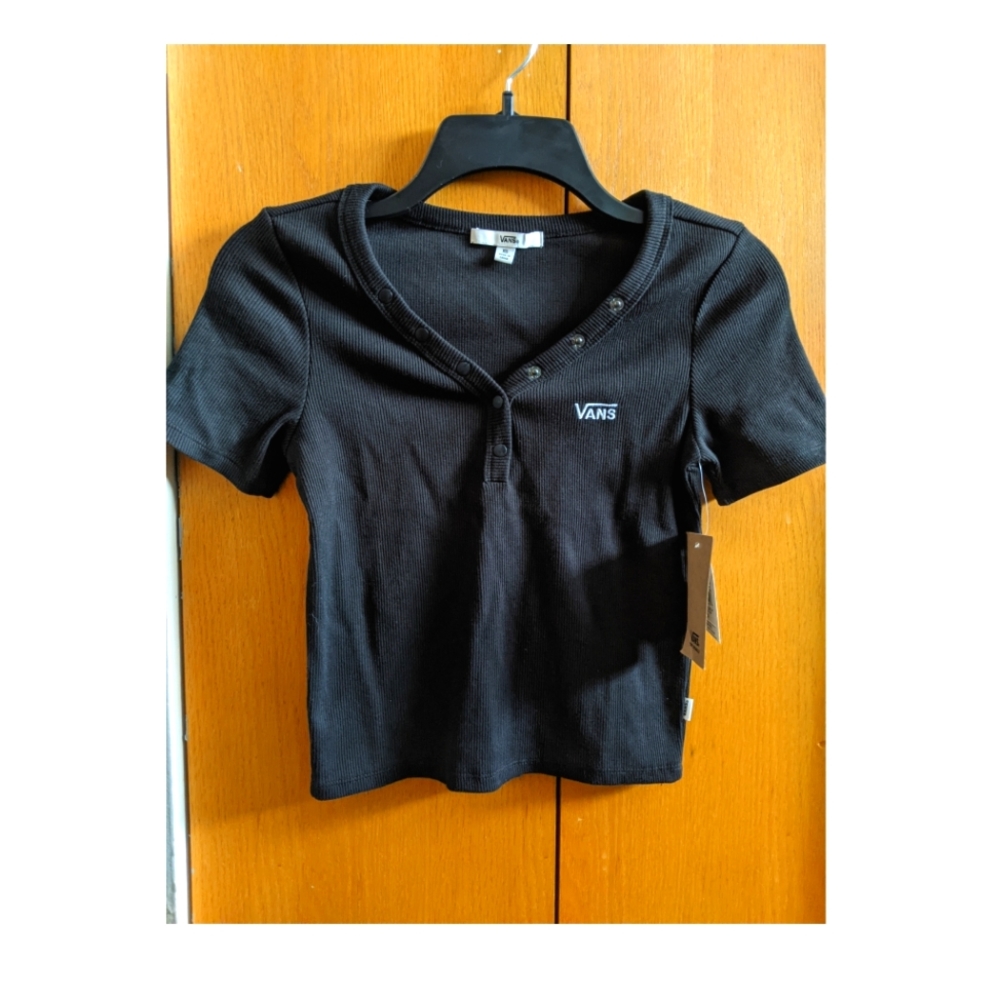 MSRP $34 Size XS Van's Women's Short Sleeve Rib Knit Buttoned Henley T-Shirt